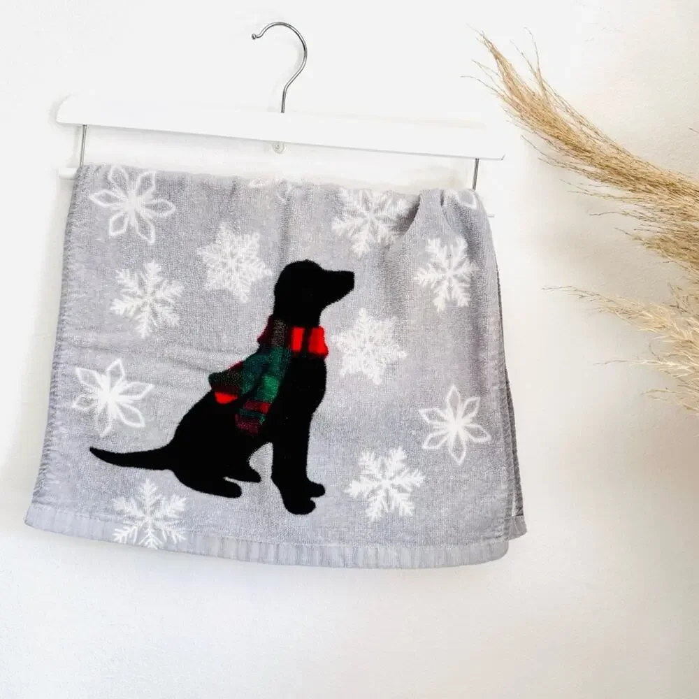 2 Cherry Red White Plaid Deer Grey Gray Dog Scarf Print Christmas Hand Towel Set